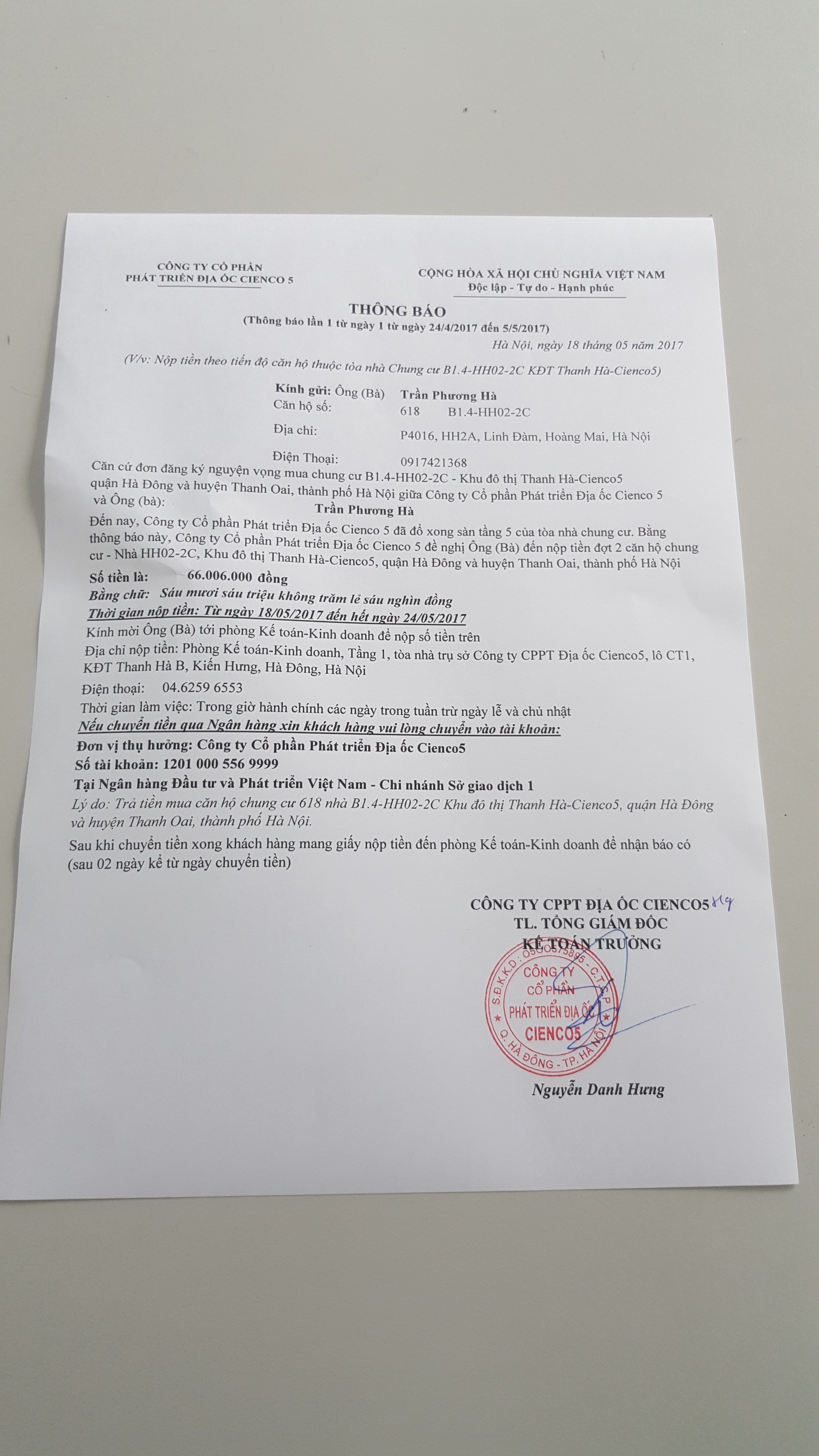 THÔNG BÁO : NỘP TIỀN ĐỢT 2 CHUNG CƯ HH02 THANH HÀ CIENCO 5 TỪ NGÀY 25/4 - 05/05/2017