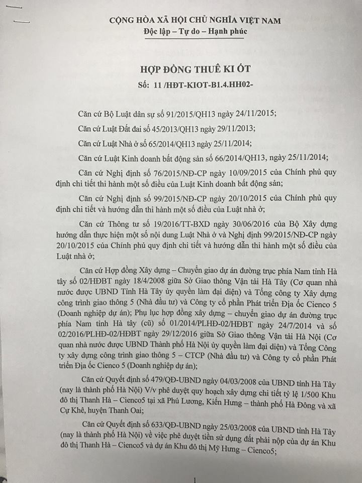 HỢP ĐỒNG THUÊ KIOT B1.3 HH03 THANH HÀ CIENCO 5 MƯỜNG THANH ( 50 NĂM )