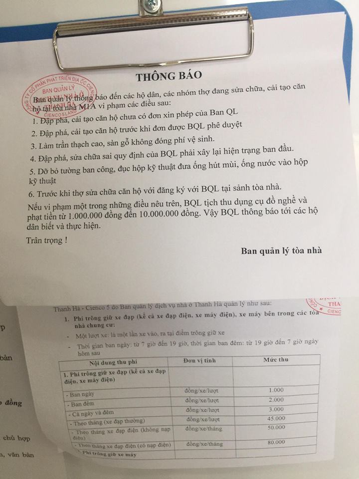CÁC KHOẢN PHÍ DỊCH VỤ CỦA CHUNG CƯ THANH HÀ, Q. HÀ ĐÔNG