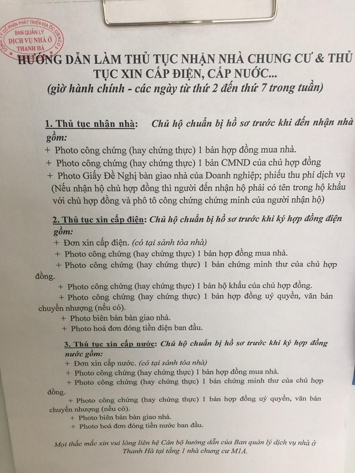 CÁC KHOẢN PHÍ DỊCH VỤ CỦA CHUNG CƯ THANH HÀ - MƯỜNG THANH, Q. HÀ ĐÔNG